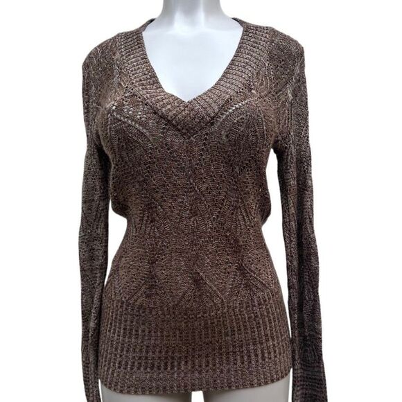 Liv Pullover Sweater Women's Medium Brown Heather Pointelle Knit V-neck - Picture 1 of 11